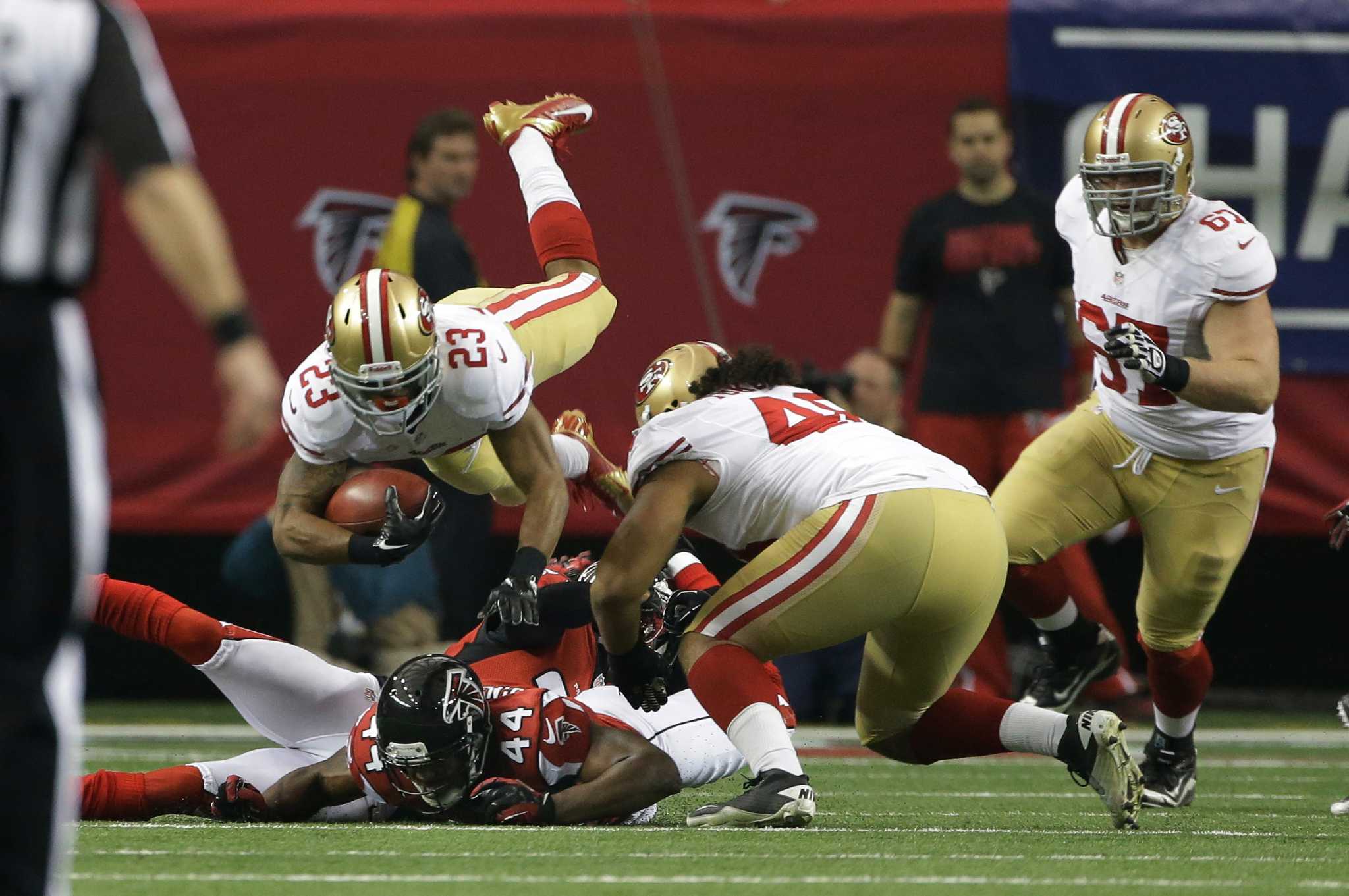 San Francisco 49ers running back LaMichael James (23) reacts after his  touchdown in the second quarter durin…