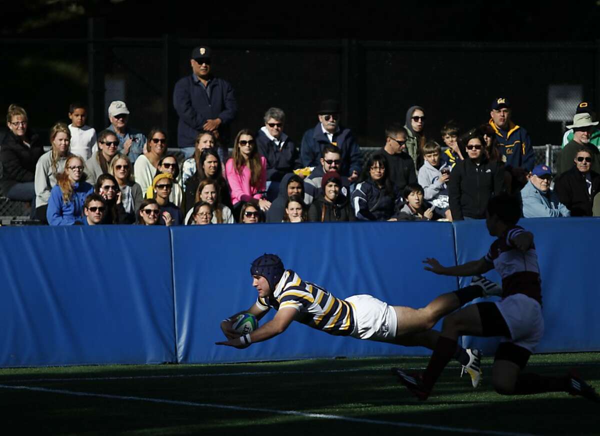 Team captain Seamus Kelly scores the second try of the game for Cal against Stanford at Witter Field in Berkeley Calif. on Saturday, Jan. 26, 2013. The final score of the match was 176-0.