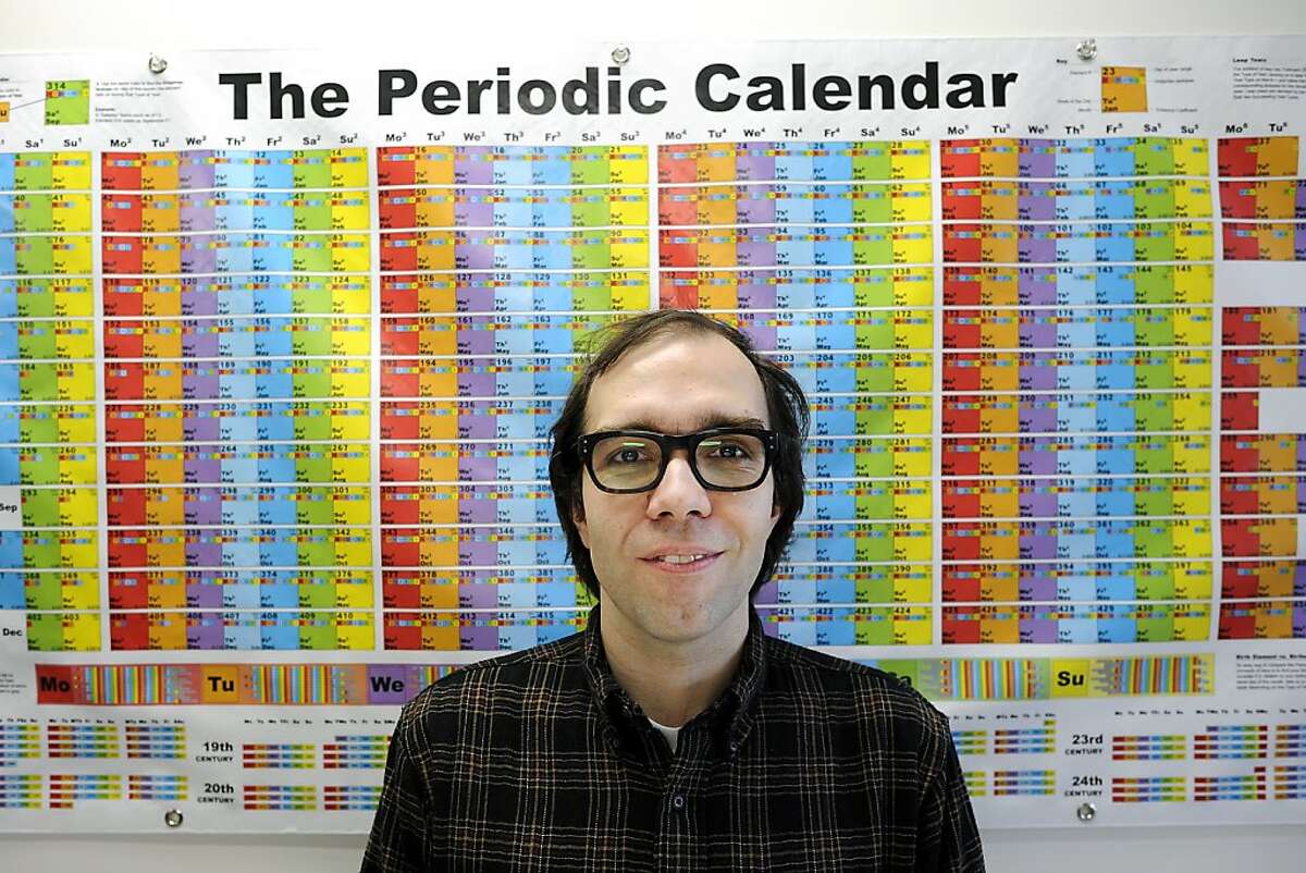 Joey Sellers poses for a portrait after giving an explanatory talk about the newest iteration of his Periodic Calendar at Electric Works on Mission St. in San Francisco, CA Saturday January 19th, 2013. Joey Sellers has created a new calendar modeled after the periodic table of elements, which reinvents the Gregorian calendar system in an unconventional and colorful fashion.