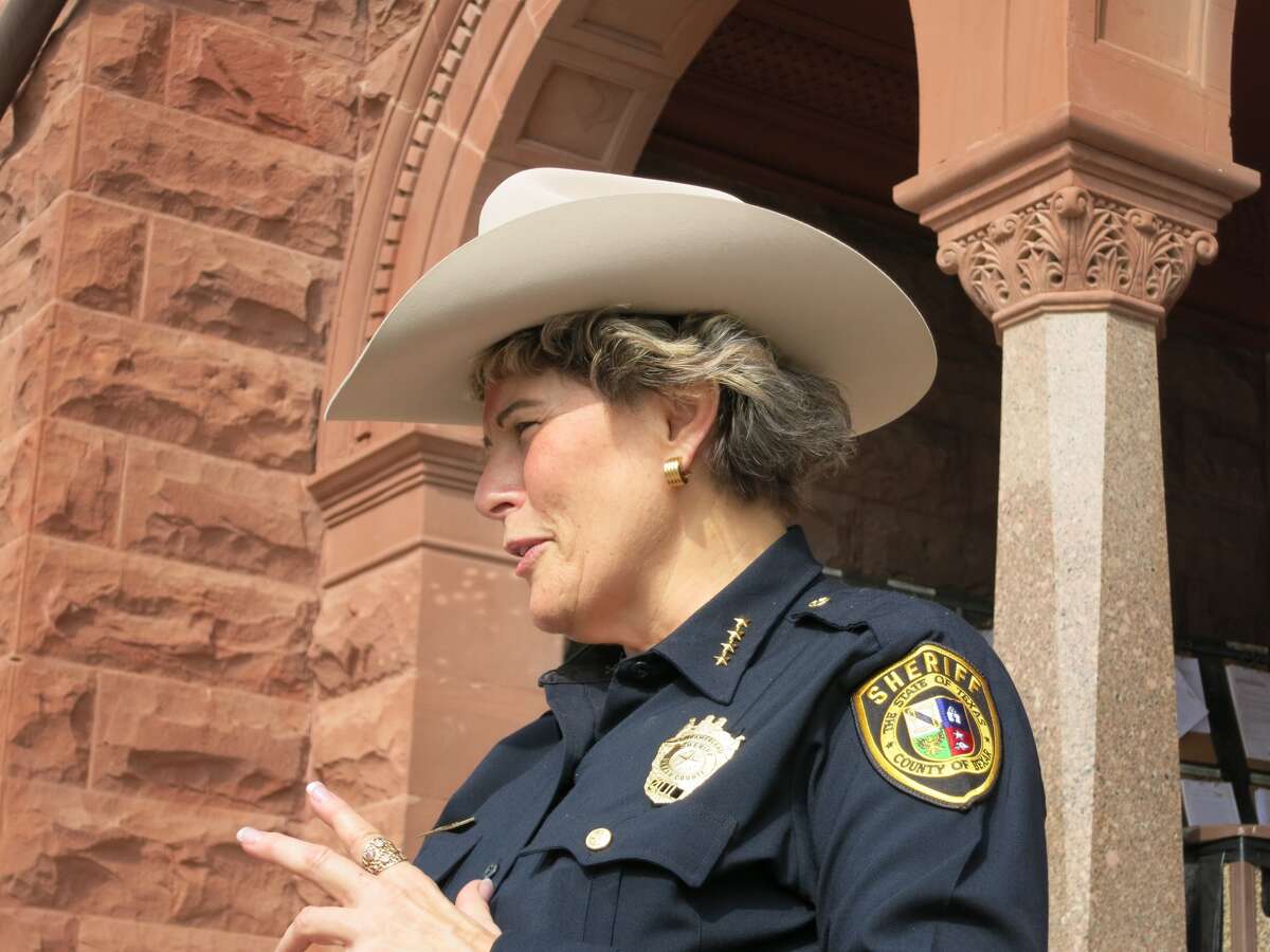 Sheriff Susan Pamerleau sports a Stetson hat at the Bexar County Courthouse on Tuesday, where she announced a dress policy change to allow deputies the option of wearing a Stetson on duty.