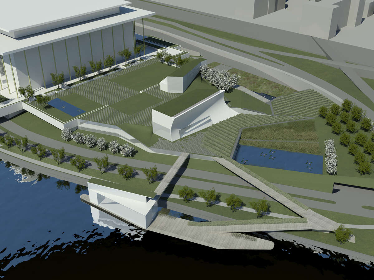 This handout artist rendition provided by The Kennedy Center and courtesy of Steven Holl Architects, shows architect Steven Holl's design concepts for the first major expansion of the Kennedy Center that will include rehearsal halls and classrooms, a memorial garden, and a stage floating on the Potomac River's edge for outdoor performances. (AP Photo/Kennedy Center, Steven Holl Architects)