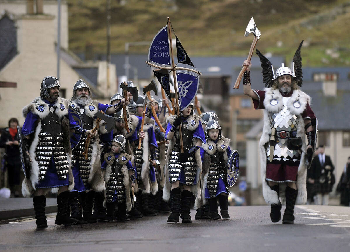 Weekend pillagers Vikings reenactors in the Shetland Islands