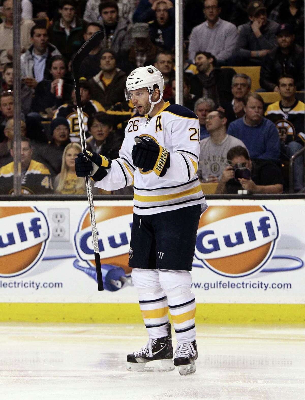 BOSTON, MA - JANUARY 31: Thomas Vanek #26 of the Buffalo Sabres celebrates a second-period goal against the Boston Bruins during a game at the TD Garden on January 31, 2013 in Boston, Massachusetts. (Photo by Alex Trautwig/Getty Images)
