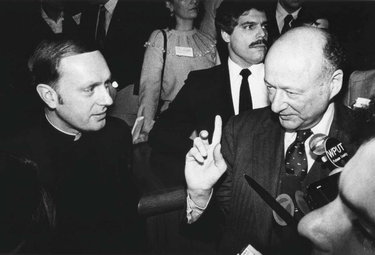 In the March 4, 1982 Albany Roman Catholic Bishop Howard Hubbard listens to a pont made by New York City Mayor Edward Koch, during an event in Albany. (Times Union Archive Photo by Skip Dickstein)