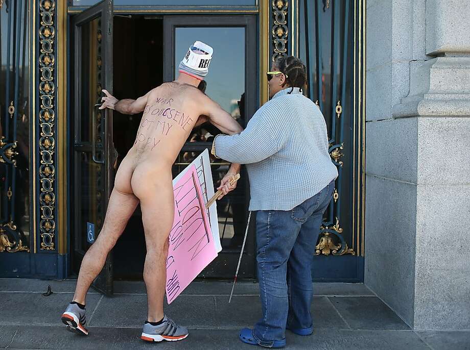 Nude Activist Trey Allen Helps A Blind Woman Through The Front Door At San Francisco City Nude Activist Trey Allen Helps A Blind Woman Through The Front Door At San Francisco City