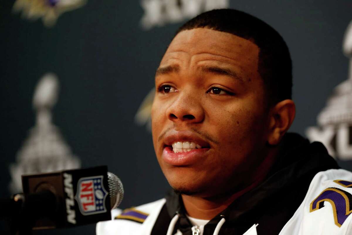 NEW ORLEANS, LA - JANUARY 30: Ray Rice #27 of the Baltimore Ravens addresses the media during Super Bowl XLVII Media Availability at the Hilton New Orleans Riverside on January 30, 2013 in New Orleans, Louisiana. The Ravens will take on the San Francisco 49ers on February 3, 2013 at the Mercedes-Benz Superdome. (Photo by Scott Halleran/Getty Images)