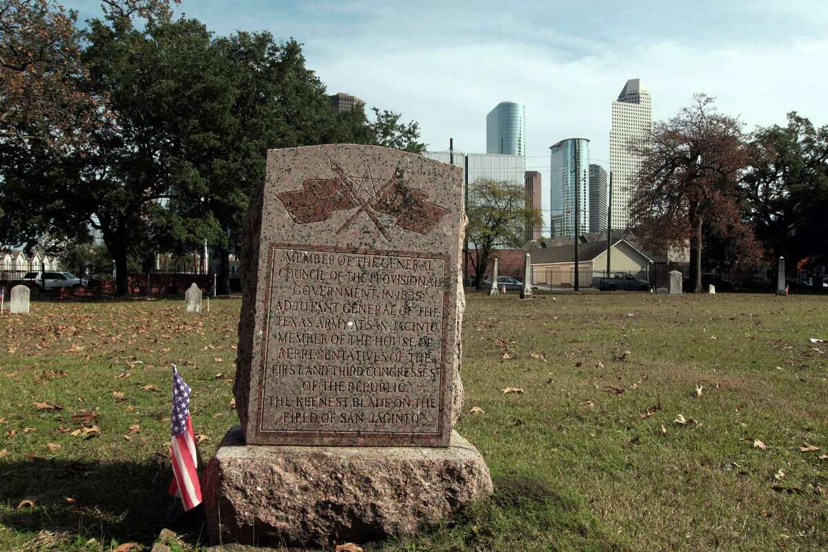 The grave of John Austin Wharton in Founders Memorial Cemetery, within sight of downtown. Wharton was eulogized as "the keenest blade at San Jacinto."