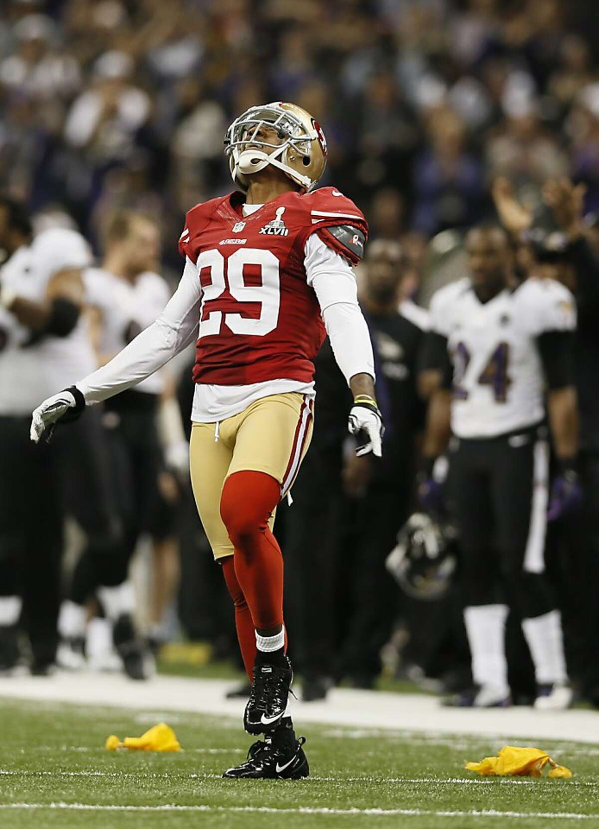 Cornerback Chris Culliver (29) during the fourth quarter of Superbowl XLVII between the San Francisco 49ers and the Baltimore Ravens at the Mercedes-Benz Superdome on Sunday February 3, 2013 in New Orleans, La.