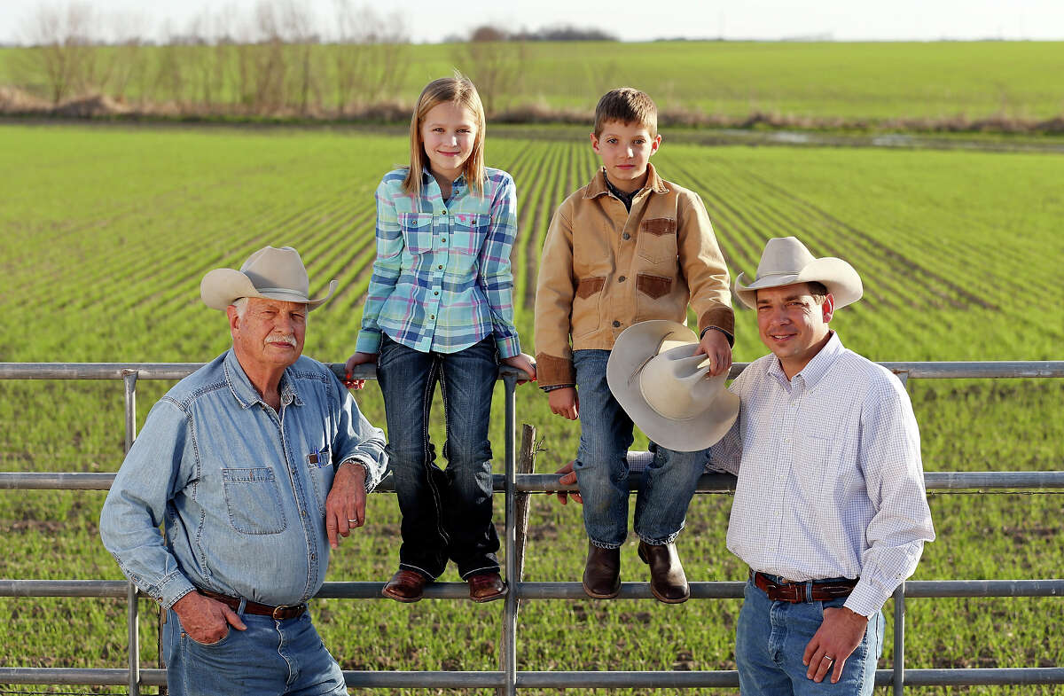 Members of two Hondo farming families — Kenneth Bendele (from left), Ella Britsch, Brad Bendele and Eric Bendele — were in a Ram Super Bowl commercial. “I didn’t know we were even going to be on TV,” Eric said.