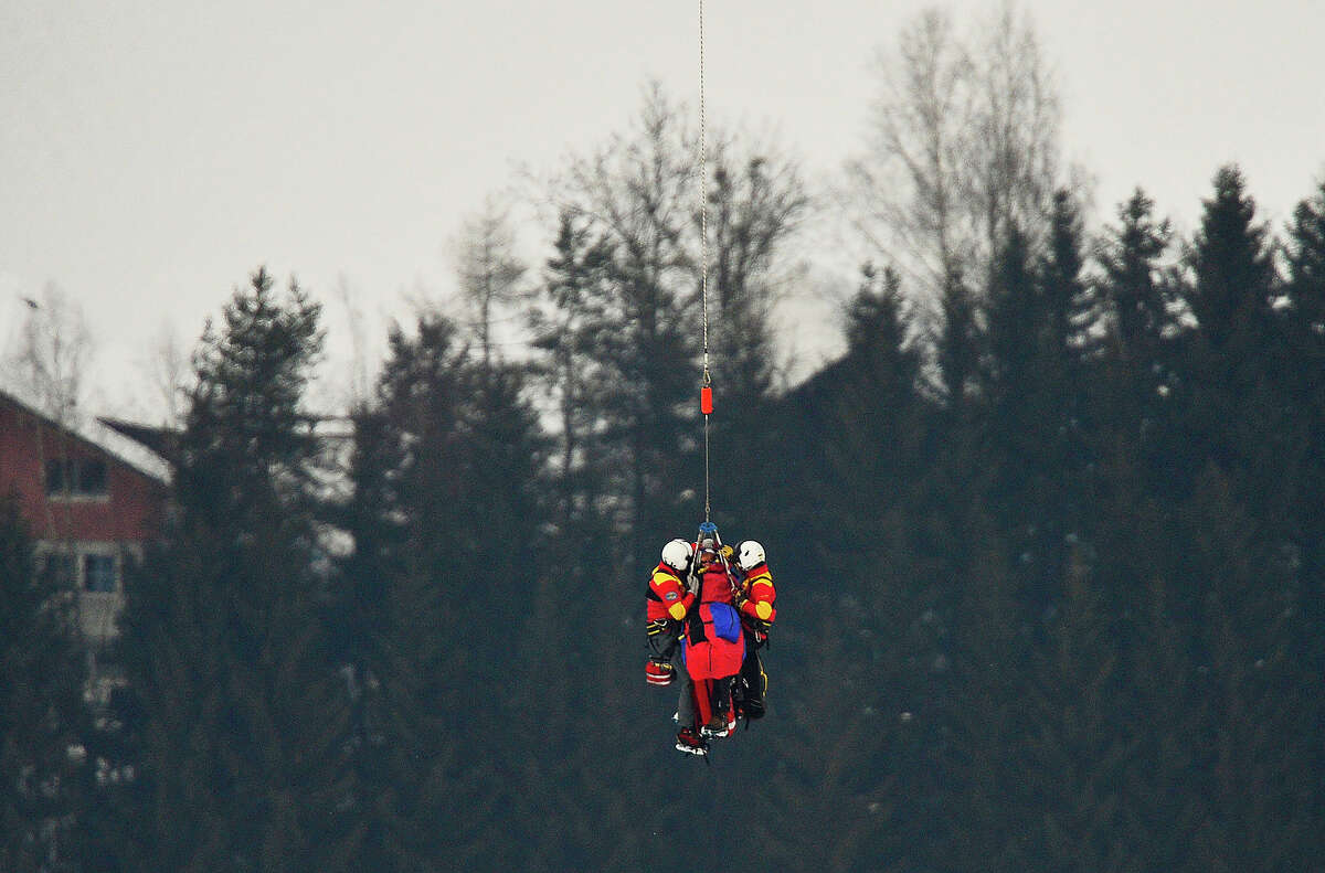 USA Lindsey Vonn is transported by helicopter after a fall during the women's Super-G event of the 2013 Ski World Championships in Schladming, Austria on February 5, 2013.