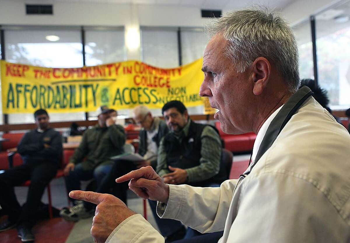 City College of San Francisco labor studies chairperson Bill Shields talks about the effects of the consolidation of classes at a meeting of The Save CCSF coalition in a lounge at CCSF student union in San Francisco, Calif., on Wednesday, October 10, 2012.