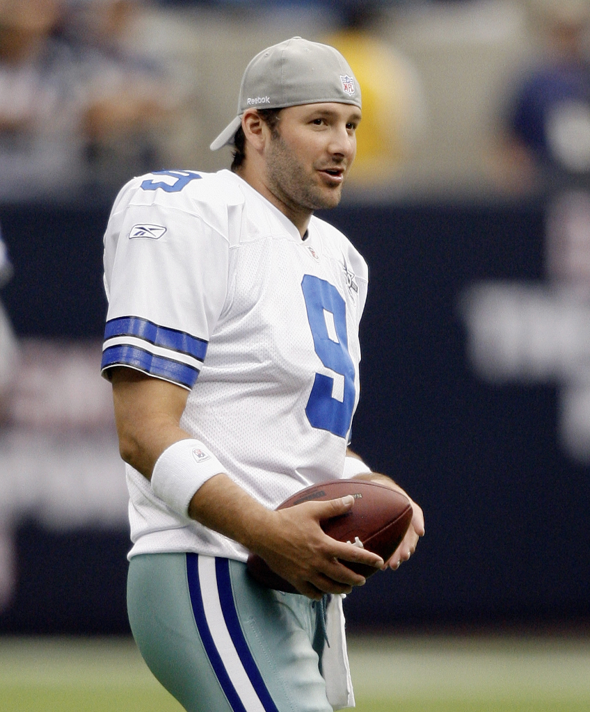 Dallas Cowboys quarterback Tony Romo (9) smiles during football practices  on Thursday Jan. 14, 2010, at Cowboys Stadium in Arlington, Texas. The  Cowboys play the Minnesota Vikings in an NFL divisional playoff