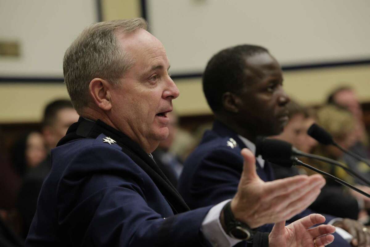 WASHINGTON, DC - January 23 - General Mark A. Welsh III, USAF, Chief of Staff, USAF at left and General Edward A. Rice, Jr., USAF, Commander, Air Education and Training Command, USAF testify at hearing on review of sexual misconduct by basic training instructors at Lackland Air Force Base by House Armed Services Committee, 2118 Rayburn Building.