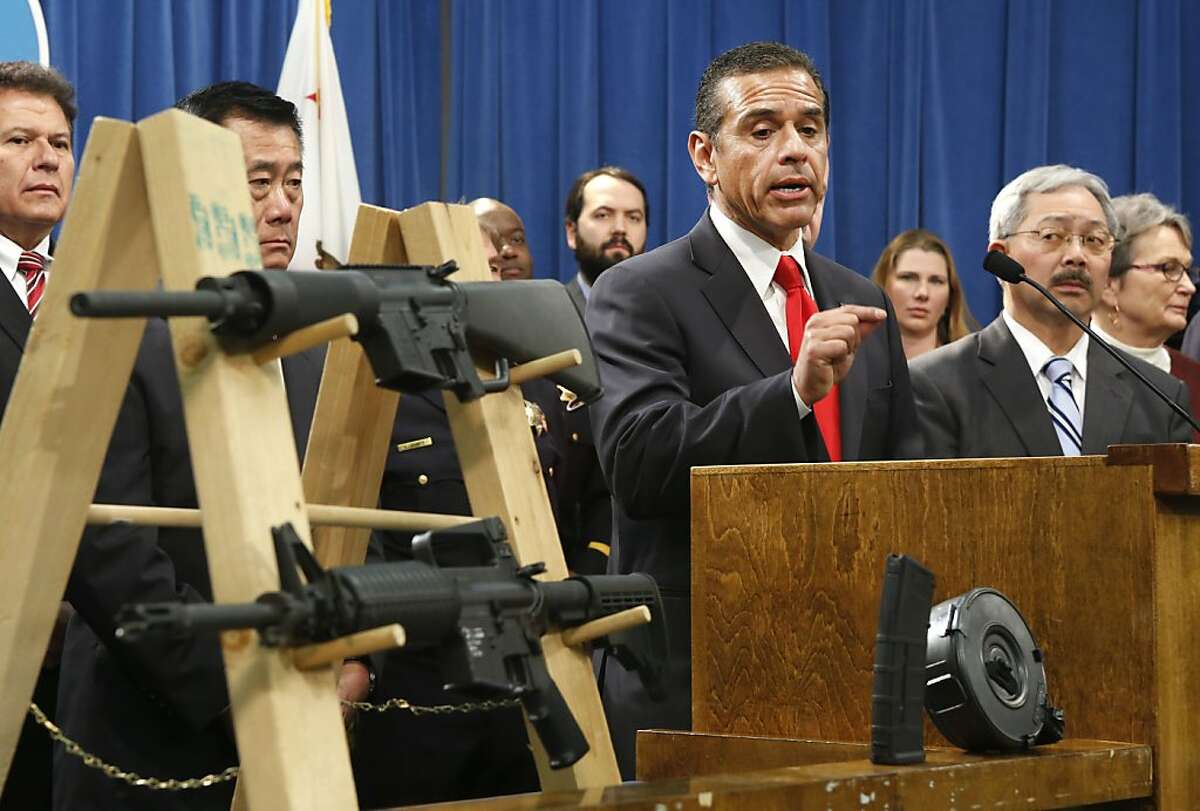 Los Angeles Mayor Antonio Villaraigosa, left, discusses his support for a package of proposed gun control legislation at a Capitol news conference in Sacramento, Calif., Thursday, Feb. 7, 2013. Senate Democrats unveiled a package of 10 proposed laws designed to close loopholes in existing gun regulations, keep firearms and ammunition out of the hands of dangerous person and strengthen education relating to firearms and gun ownership. Also seen are Sen. Marty Block, D-San Diego, left, Sen. Leland Yee, D-San Francisco, second from left, San Francisco Mayor Ed Lee, second from right and Sen. Loni Hancock, D-Berkeley, right. (AP Photo/Rich Pedroncelli)