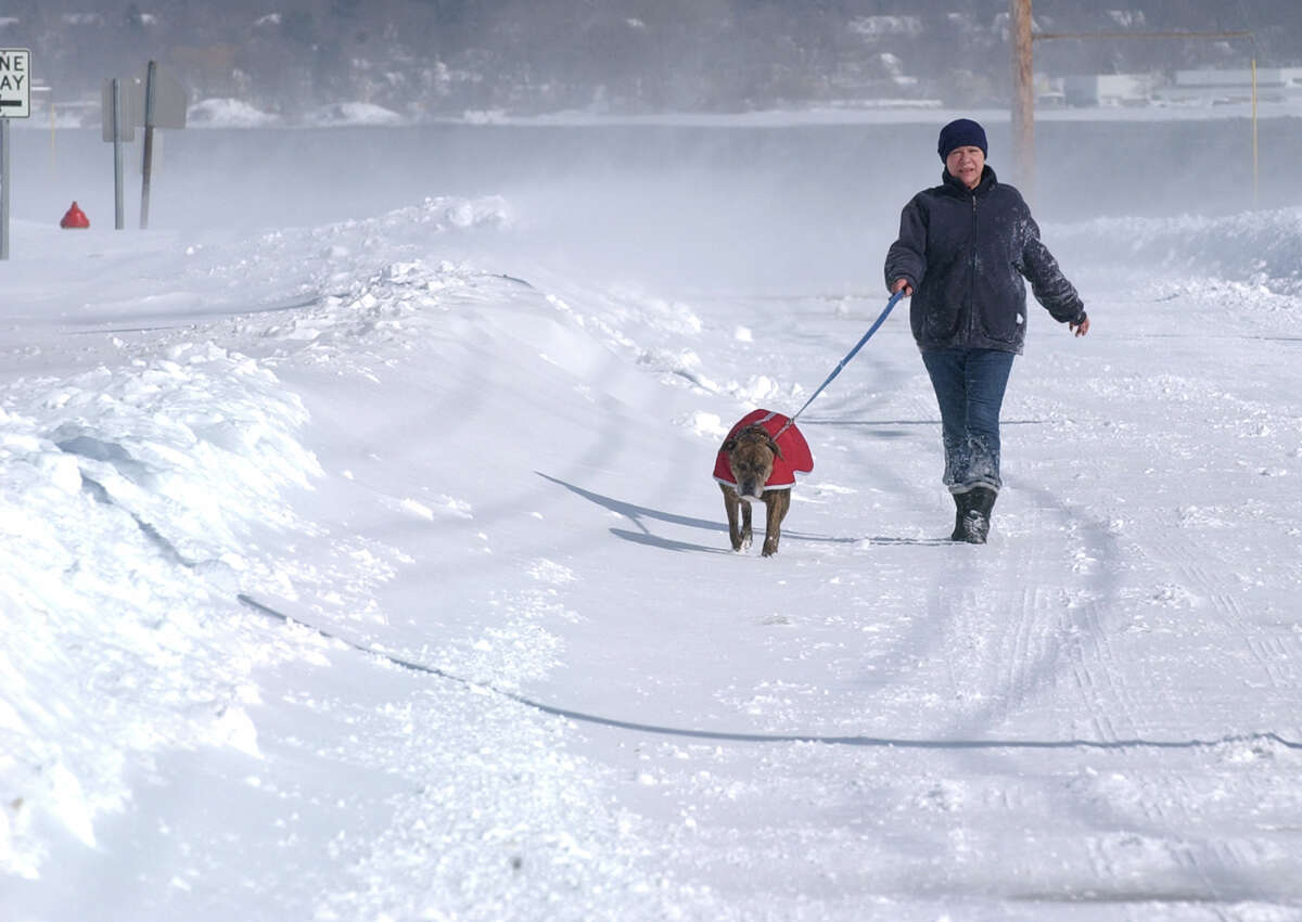 Brennan walks her dog Jamine along Beach Street after a blizzard pounded the region in West Haven, Conn. on Saturday February 9, 2013.