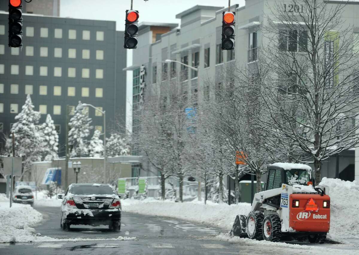 Few cars take to the roads in Stamford, Conn., on Saturday, February 9, 2013.