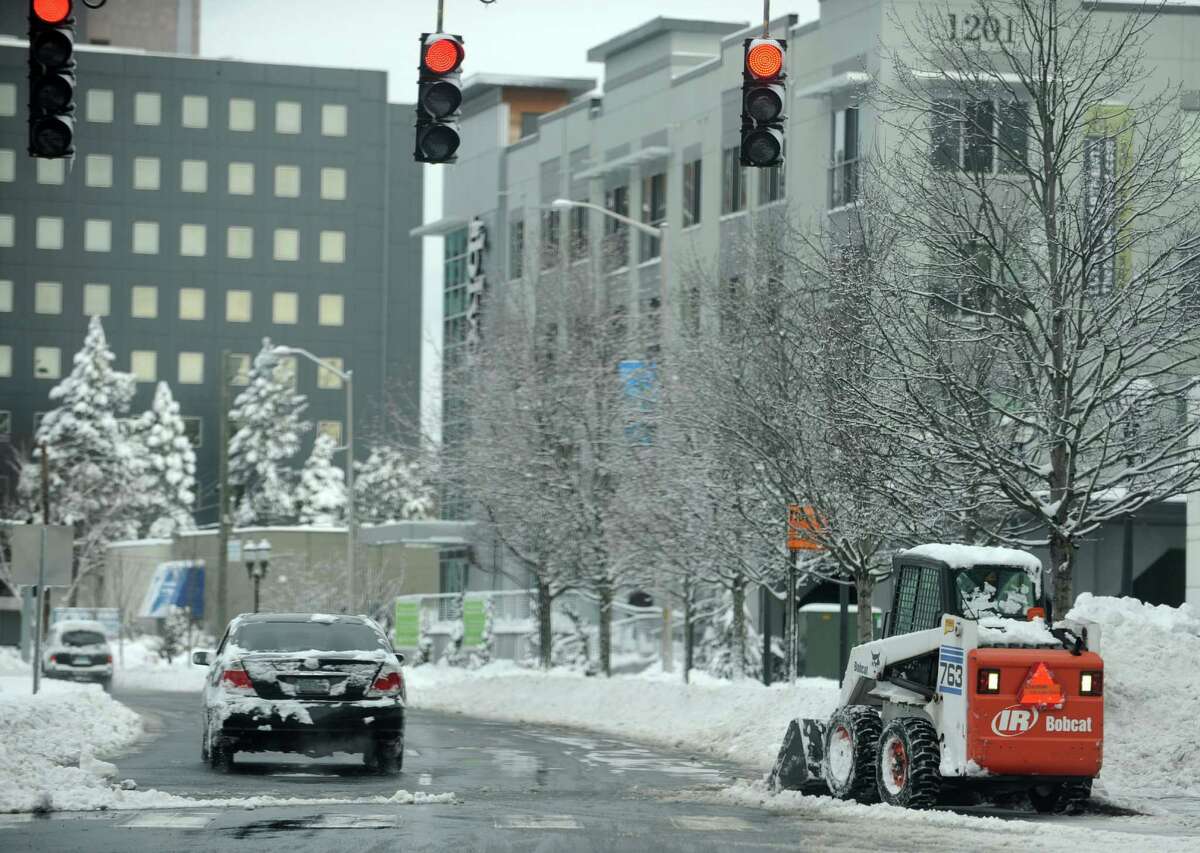 Few cars take to the roads in Stamford, Conn., on Saturday, February 9, 2013.