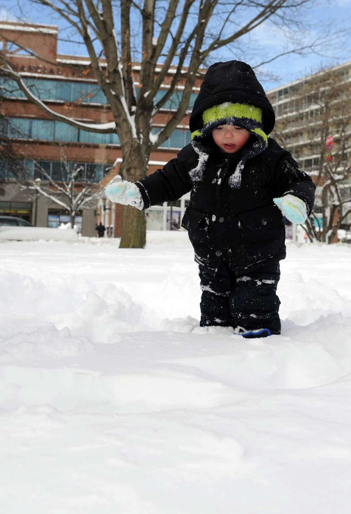 Henry Bradley, 2, plays in Latham Park in Stamford, Conn., on Saturday, February 9, 2013.