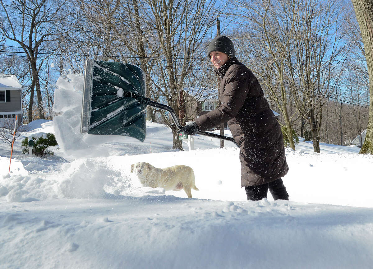 While her dog Hannah watches, Linda Moore contends with the snow in her driveway in Southport, CT on Sat., Feb. 9, 2013, following a blizzard that dumped up to three feet of snow across the state.