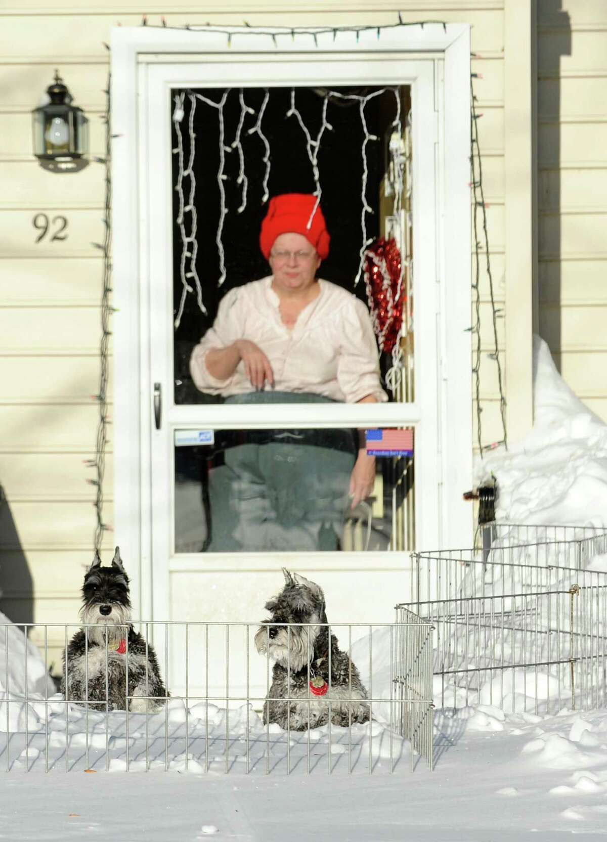 A woman looks out her front door at her two small dogs penned in her yard on Pansy Rd in Fairfield, Conn. on Friday, Feb. 9, 2013. Residents continue to shovel their way out after the area hit by one of the biggest snowstorms in history. Southwestern Connecticut and the New Haven area received the most snow, according to National Weather Service.