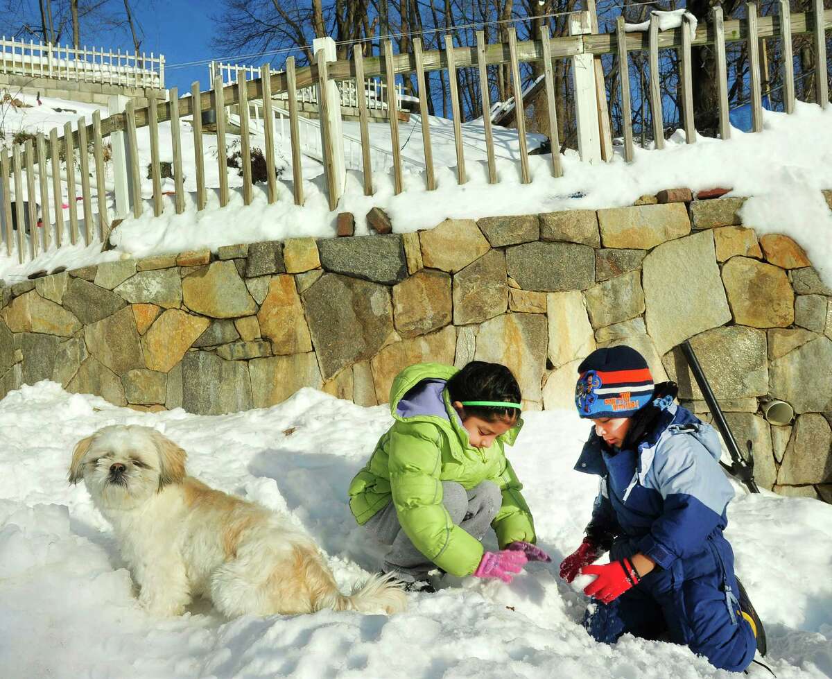 Gisela Macancela, 7, and her brother, Junior, 5, play in the snow as Mario, their dog, keeps watch outside their Danbury home Sunday, Feb. 10, 2013.