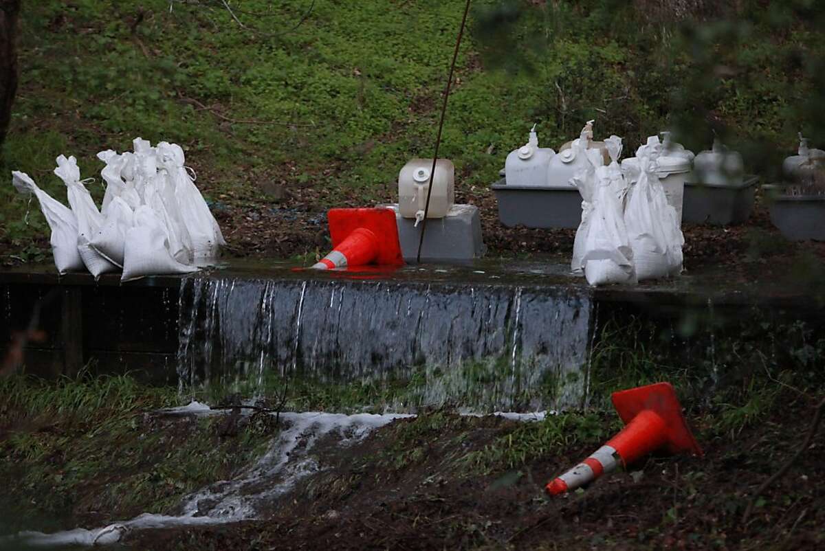 Water from a broken water pipe runs down a hillside toward the San Mateo Creek on Monday, February 11, 2013 near the Hillsborough and San Mateo border.