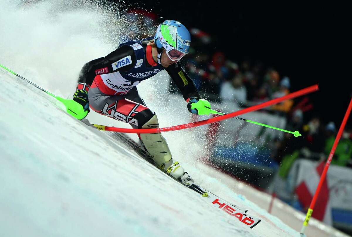 American Ted Ligety attacks the slalom portion of the men's super combined en route to winning the gold medal Monday at the Alpine World Championships.
