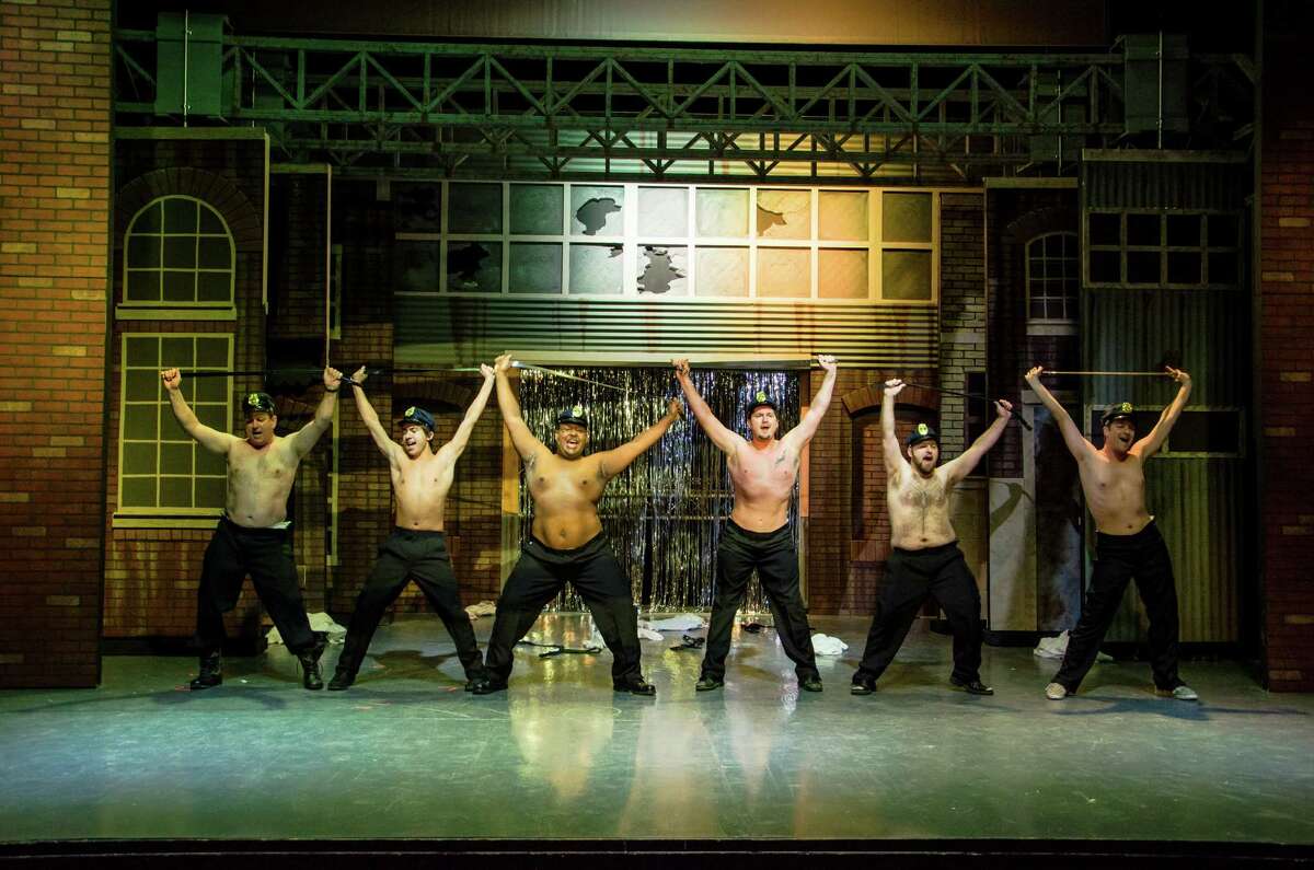 The cast of the Woodlawn Theatre's staging of "The Full Monty" includes, from left, Marc Daratt, Sean Hagdorn, Garyon Ray Judon , Anthony Cortino, Ben Scharff and Walter Songer. Courtesy Siggi Ragnar
