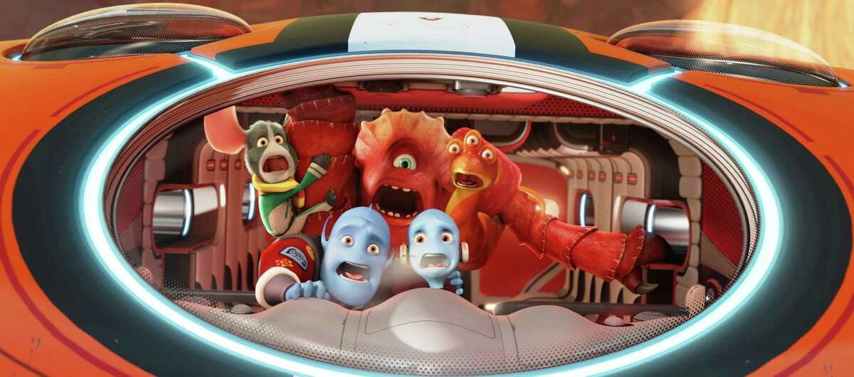 Doc (Craig Robinson), Io (Jane Lynch), Thurman (George Lopez), (front row, from left) Scorch Supernova (Brendan Fraser), and Gary Supernove (Rob Corddry) in the animated film "Escape From Planet Earth."