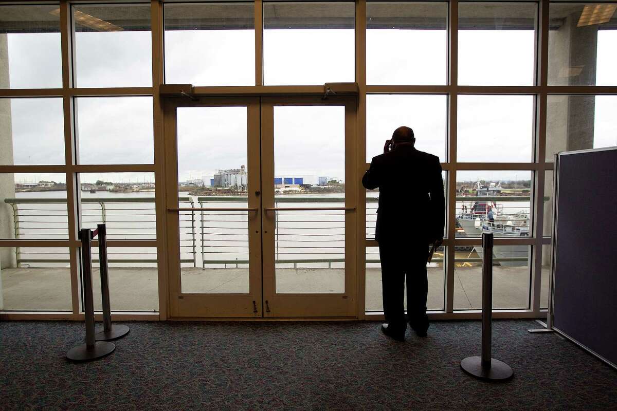Samuel Jones, mayor of Mobile, Ala., looks out at Mobile Bay after a press conference as the city prepared for the return of the stranded Carnival Triumph.