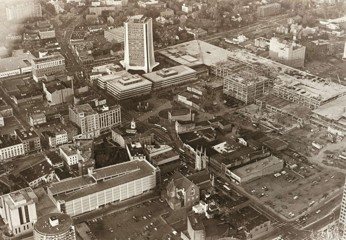 Aerial view of downtown Stamford showing Broad and Atlantic. The Bell Street garage is visible in the foreground. Staff file photo, undated.