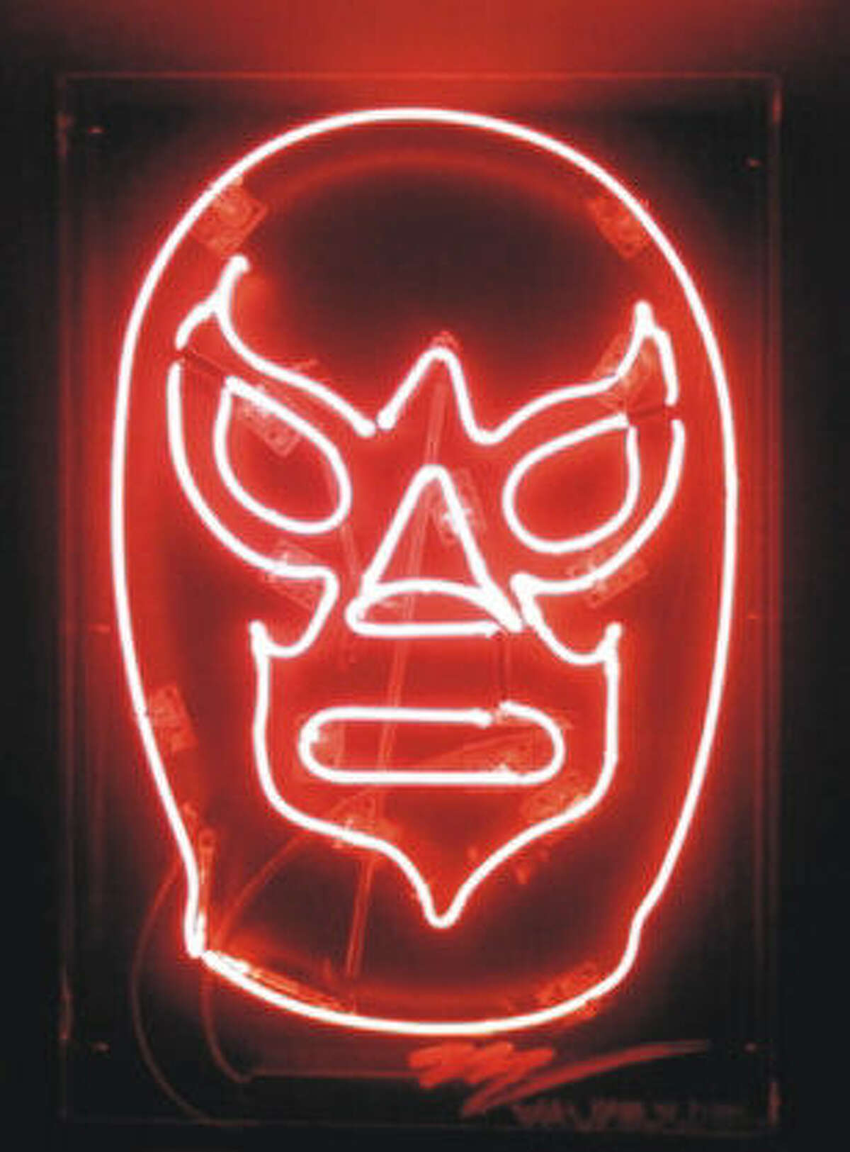 Miguel Valverde's “Hágase la Lucha” is a neon work of a Mexican wrestler's mask.