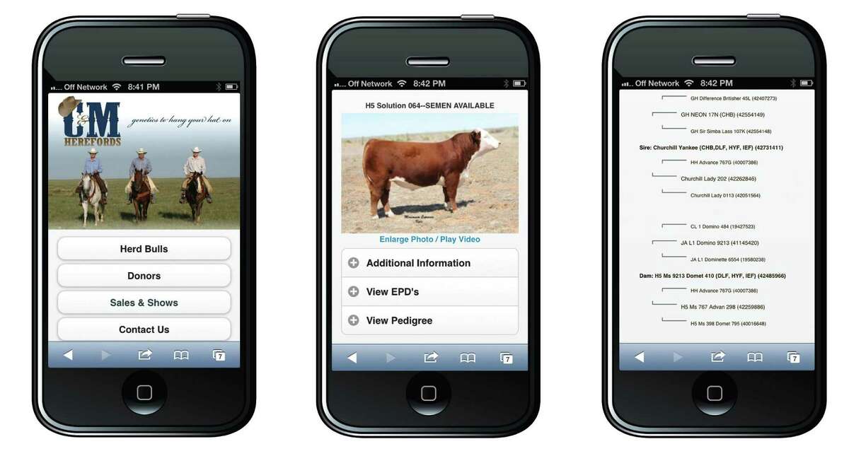 Screenshots of Virtual Herd, which helps breeders and buyers market their livestock. The Virtual Herd app shows pictures, video and data on various animals.