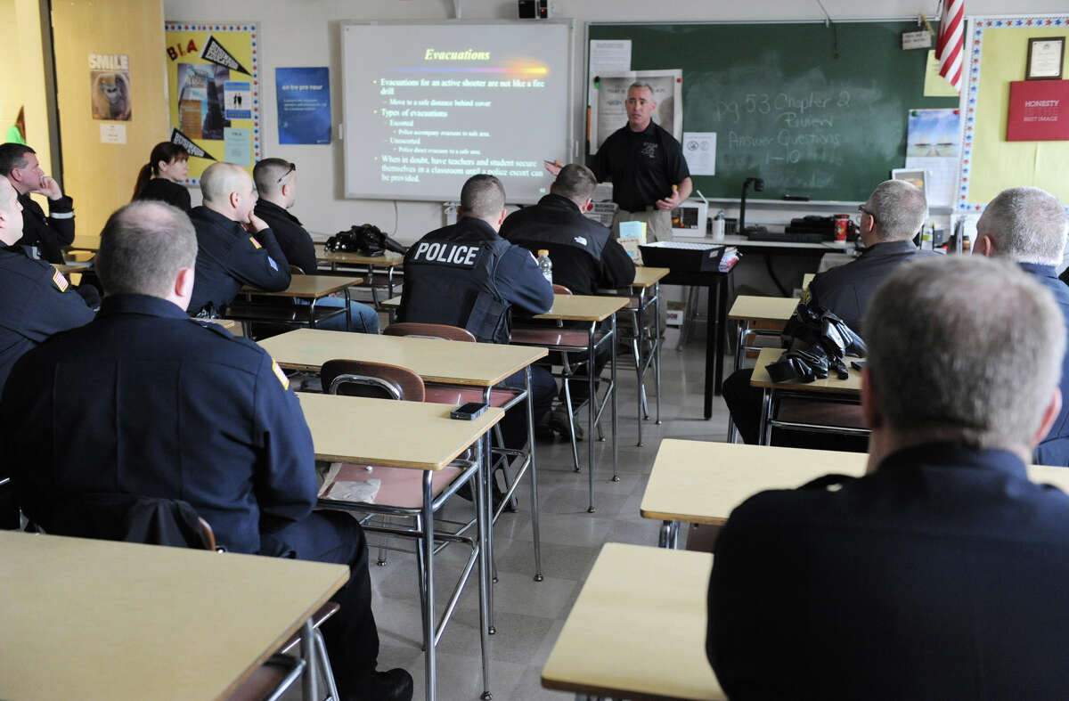 Sgt. Mike Smith of the East Greenbush Police Department talks Wednesday during an ?active shooter? training class at Columbia High School in East Greenbush. (Lori Van Buren / Times Union)