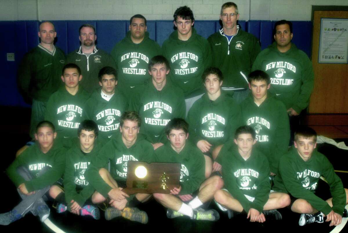 The Green Wave grapplers and their coaches take a quick break this week from practice to pose for posterity as state class 'L' champions. On hand for the photo are, from left to right, front row, Bryan Rojas, Halim Bourjeli, Kameron Bradshaw, Louis Alhage, Kyle Lindner and Zach Arnold; middle row, Jorge Arcuri, Niko Stefanatos, Thomas McIlveen, Brett Leonard and John Ceconi; and, back row, assistant coaches Daryl Daniels and Ryan Fitzsimmons, Jomar Orejula-Nunez, Rob Tozzi, coach Chris Piel and assistant coach Steve Batello. Feb. 19, 2013