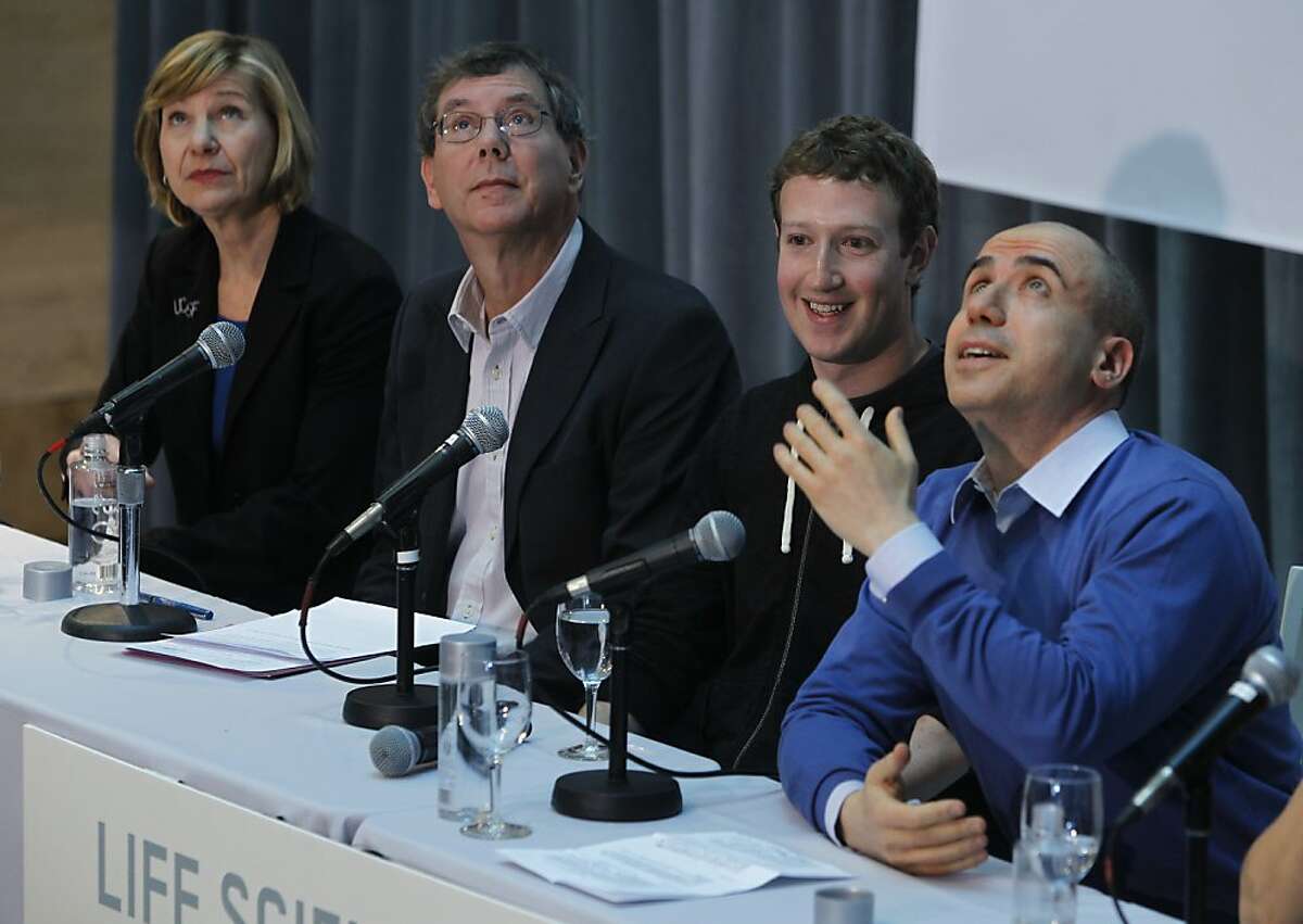 From left, UCSF Chancellor Susan Desmond-Hellmann, Art Levinson, Facebook founder Mark Zuckerberg and Yuri Milner announce the launch of the Breakthrough Prize in Life Sciences and the award's first recipients at the UCSF Mission Bay campus in San Francisco, Calif. on Wednesday, Feb. 20, 2013.