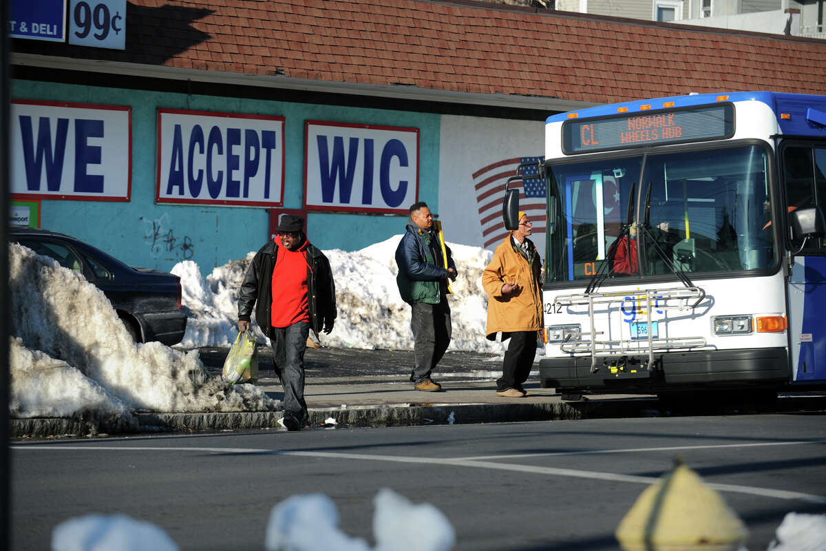 A Greater Bridgeport Transit bus picks up riders on Connecticut Ave., Bridgeport, Conn., in the 06607 zip code zone Feb. 18th, 2013.