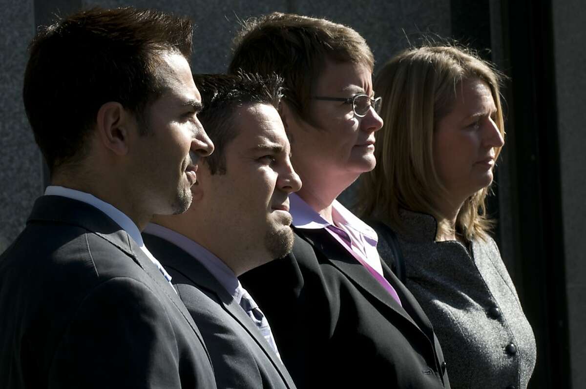 From left to right Paul Katami, Jeff Zarrillo, Kristin Perry and Sandy Stier stand before the media prior to entering the Phillip Burton Federal Building to attend the closing arguments in the Proposition 8 case on Wednesday, June 16, 2010 in San Francisco, Calif.