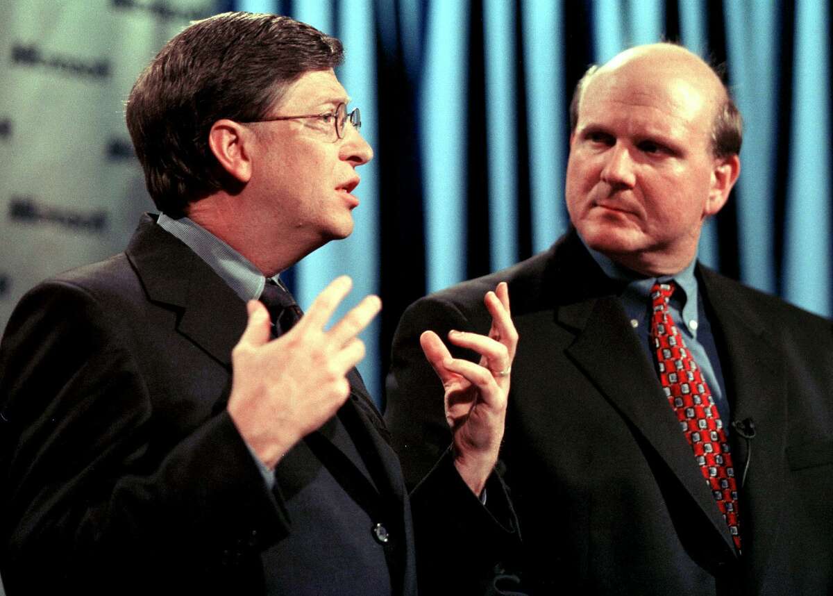 Bill Gates through the years Bil Gates and Steve Ballmer explain their company's position during a press conference in 2000 in Redmond regarding the US Justice Department's decision that ruled the software giant had violated the Sherman Antitrust Act. (AFP PHOTO/Dan LEVINE)
