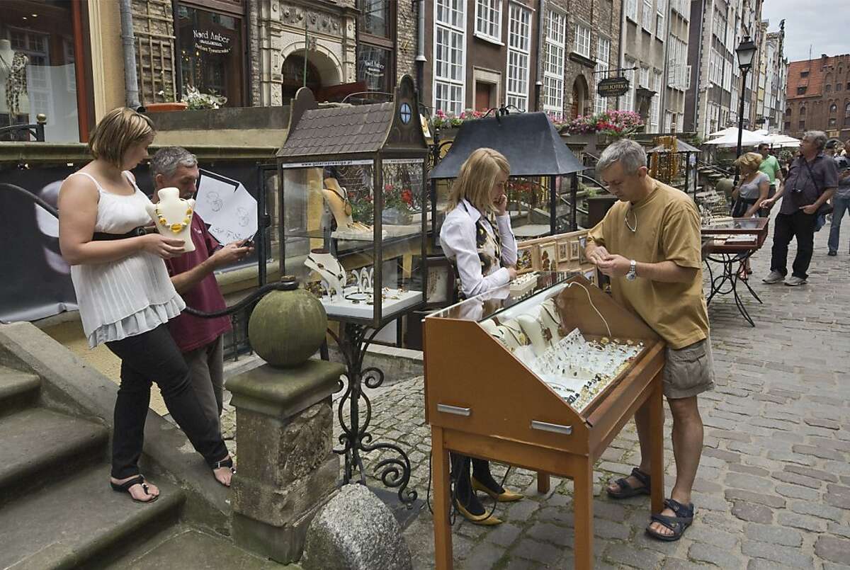 Amber jewellery shops at ulica Mariacka (St Mary Street) in Gdansk, Poland.