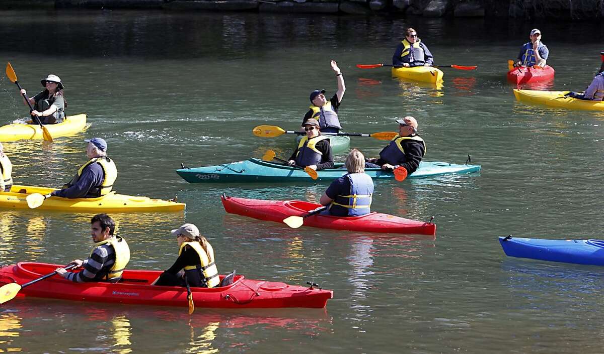 Kayakers were among the first to paddle into the newly opened channel, on Friday Feb. 22, 2013, in Oakland, Calif. A major milestone in the effort to reconnect Lake Merritt to the Bay was marked with the re-opening of a 750-foot-section of the Lake Merritt channel.