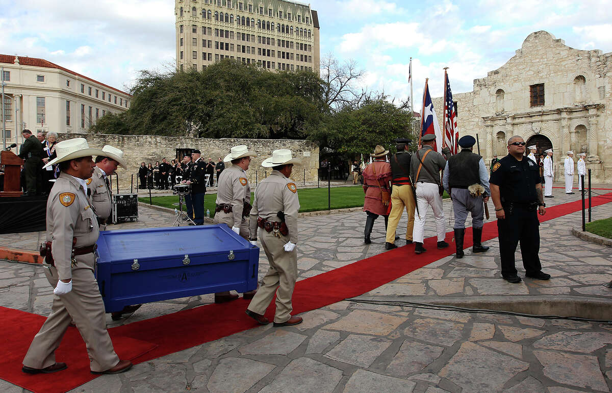 A crate holding the letter written by Alamo commander Lt. Colonel William Barret Travis is carried toward the Alamo during a ceremony to mark its return on Friday, Feb. 22. 2013. The famous "victory or death" letter written by Travis that had been kept in Austin until now will be put on display at the Alamo for 13 days starting on Saturday to commemorate the 177th anniversary of the battle at the Alamo.