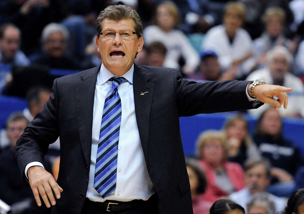 Connecticut coach Geno Auriemma gestures during the second half of an NCAA college basketball game against Maryland in Hartford, Conn., Monday, Dec. 3, 2012. Connecticut won 63-48. (AP Photo/Jessica Hill)