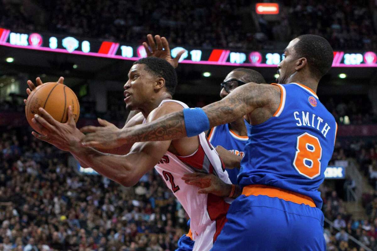 The Knicks could do little to hold back Raptors guard Rudy Gay, left, who scored a season-high 32 points in Friday's 100-98 win over New York.