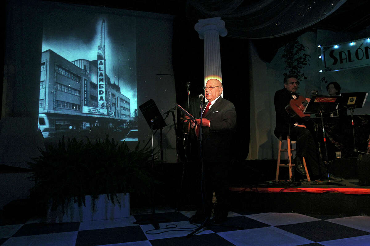 Dr. Tomas Ybarra-Frausto introduces a slide show featuring the life of Eva Garza and other stars who are remembered at the Esparanza Center on February 23, 2013.