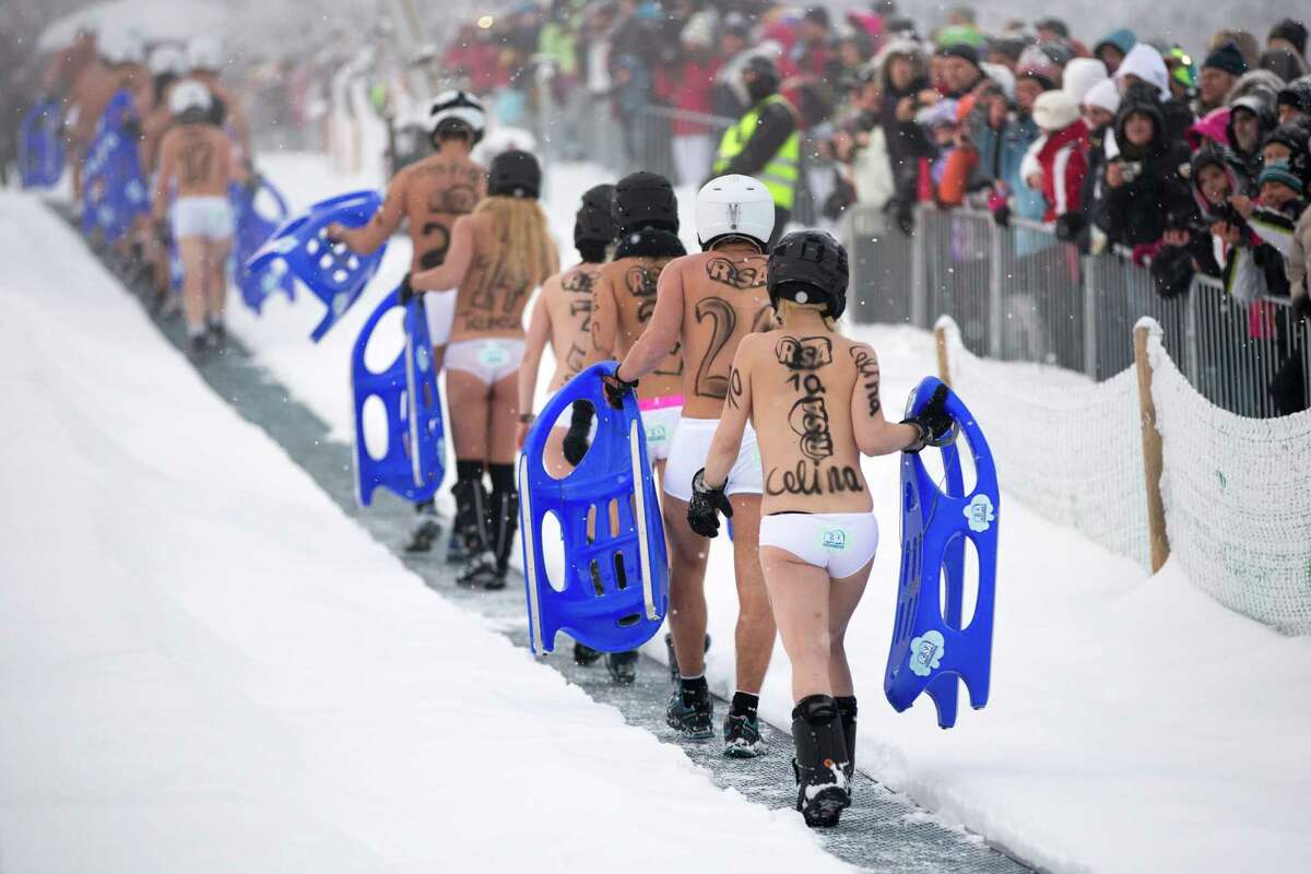 Nearly Naked Sledding In Germany Draws Crowd