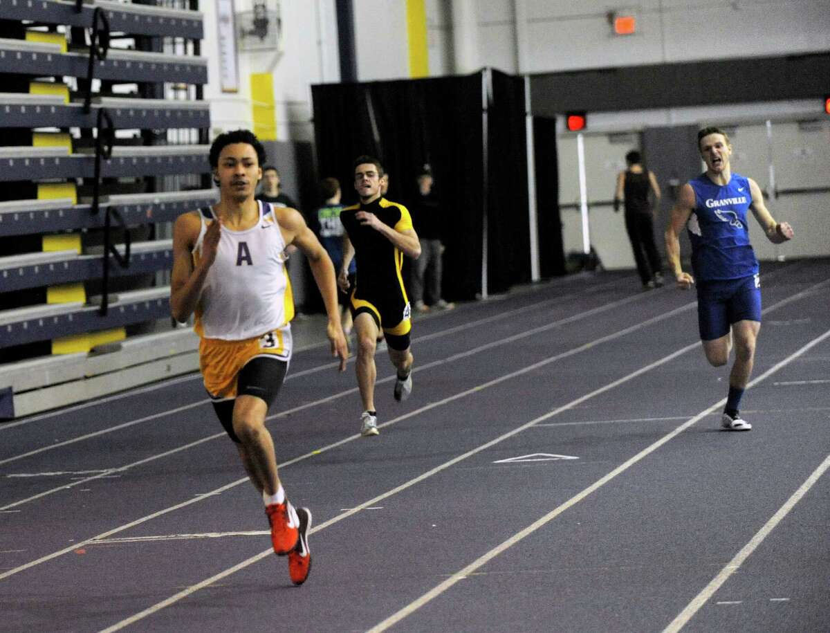 Izaiah Brown of Amsterdam High School wins the Boys 300 Meter Race during the State Indoor Track Qualifier at the SEFCU Arena in Albany, N.Y., Sunday, Feb. 24, 2011. (Hans Pennink / Special to the Times Union) High School Sports