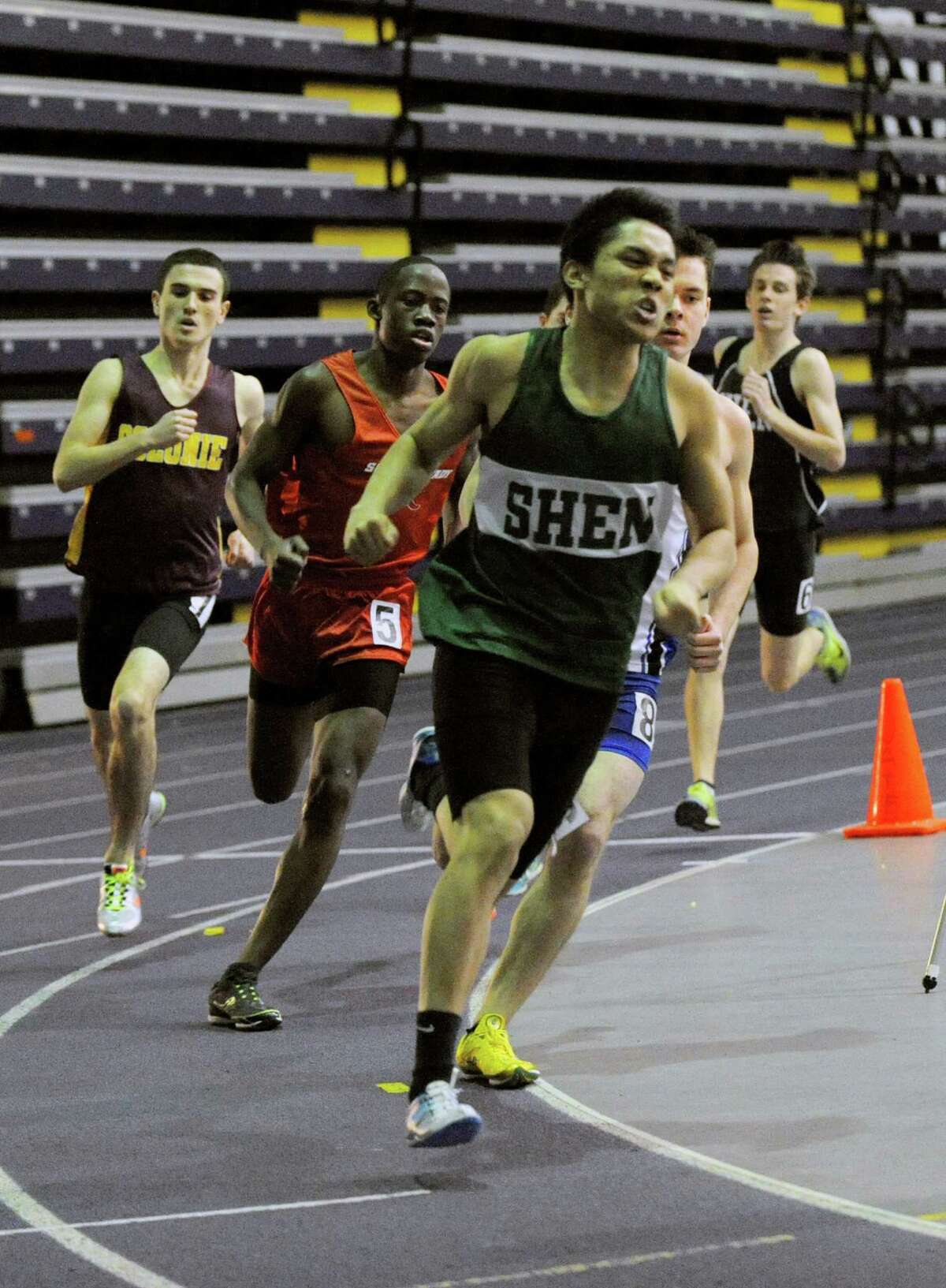 Jerome Pabulayan of Shenendehowa High School stays out front to win wins the Boys 600 Meter final race during the State Indoor Track Qualifier at the SEFCU Arena in Albany, N.Y., Sunday, Feb. 24, 2011. (Hans Pennink / Special to the Times Union) High School Sports