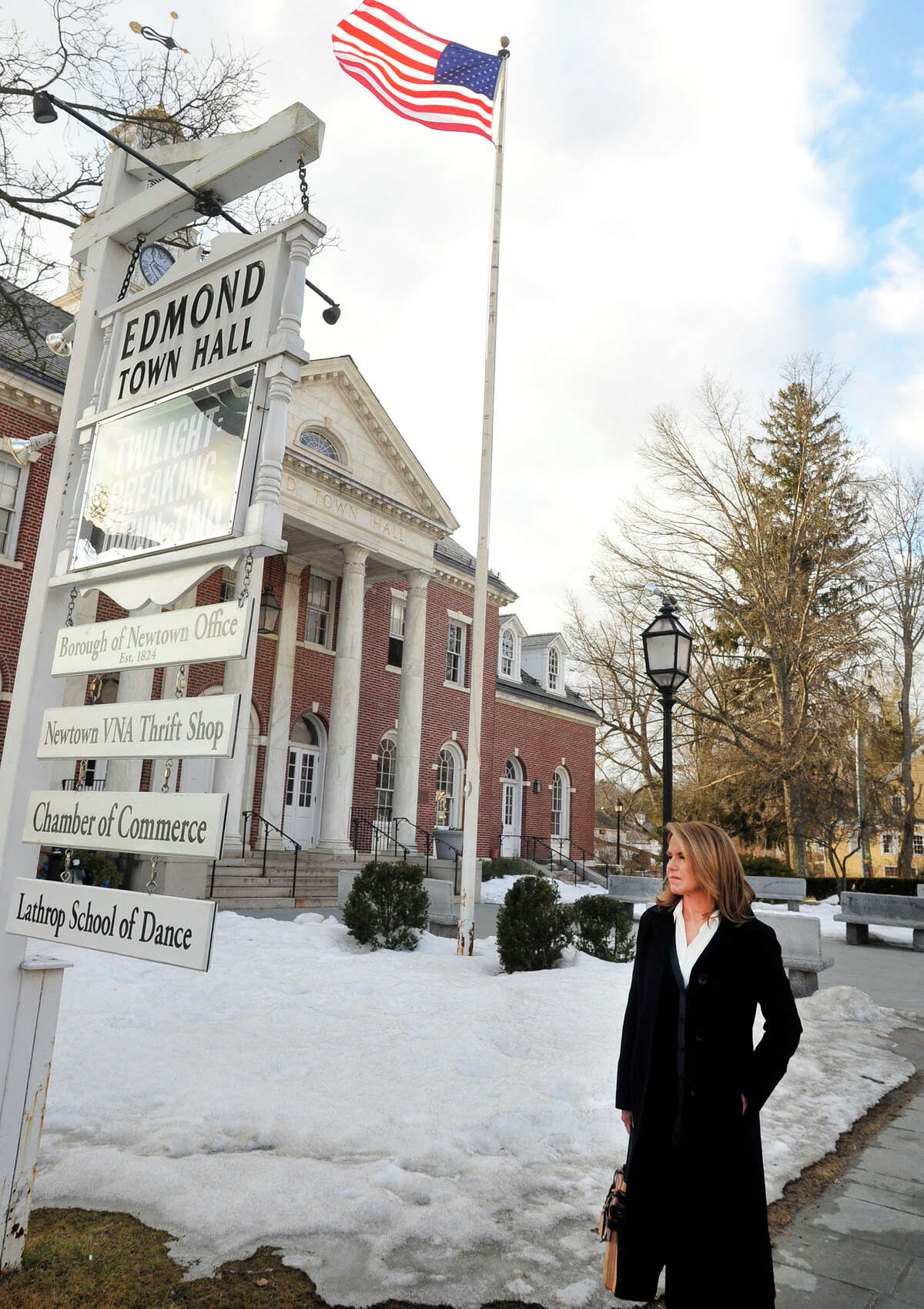 Katie Couric leaves Edmond Town Hall in Newtown, Conn. after taping a show about the Sandy Hook shootings, Monday, Feb. 25, 2013.