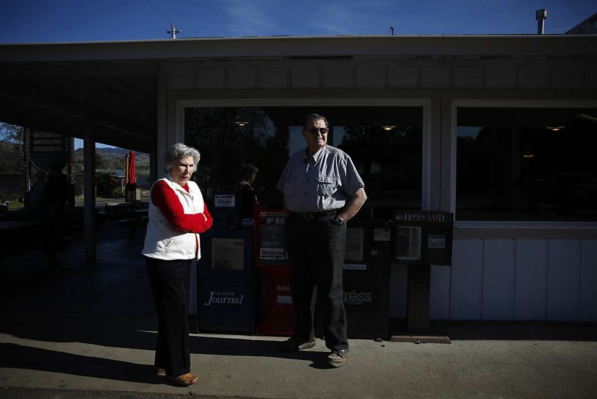 Marian Crosby (l to r) and Wes Smoot of Boonville stand outside the Redwood Drive-In on Thursday, February 21, 2013 in Boonville, Calif. Crosby and Smoot are two of a few people that can speak Boontling.